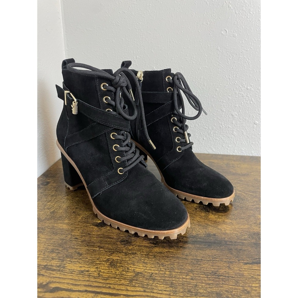White House Black Market Becca Combat Boots 6M Black Suede Chunky Lug Heel Ankle
